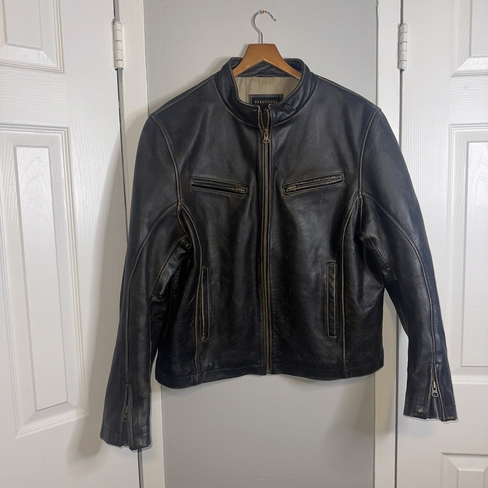 Vtg Structure Heavy Black Leather Distressed Moto Cafe Racer Jacket Mens Sz L